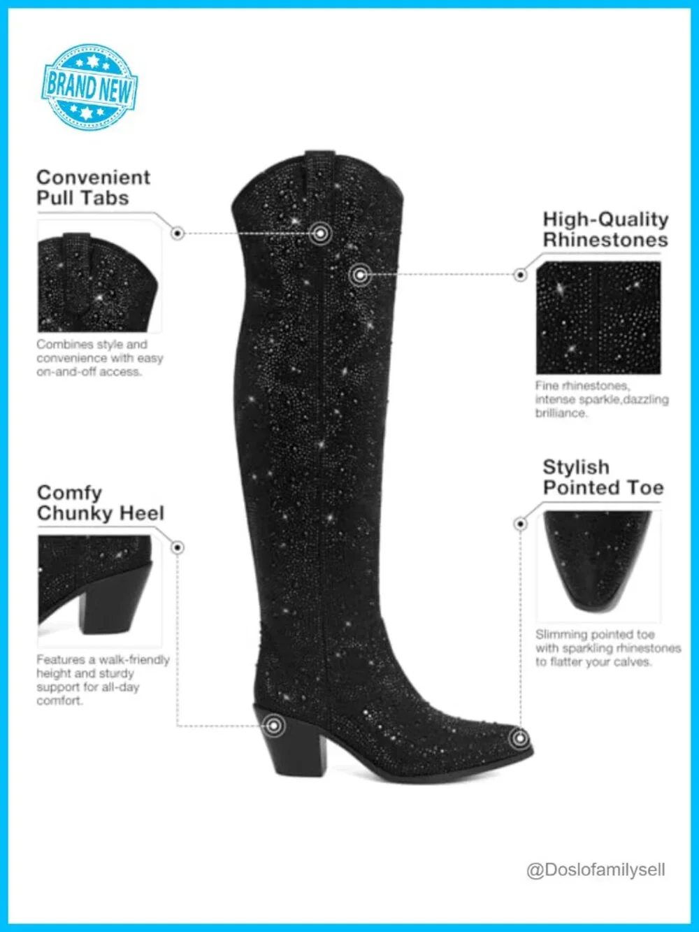 Rhinestone Cowboy Boots, Sparkly Over the Knee Cowgirl Boots, Pointed Toe Knee